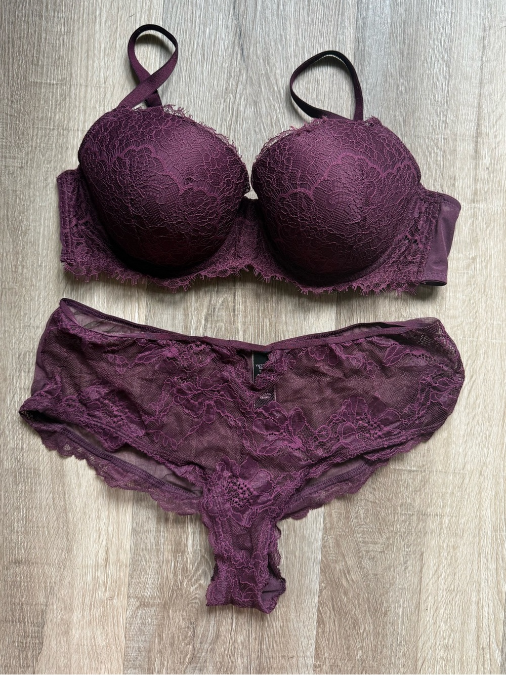 Dream Angels Lace Push-Up Bra & Lace Bikini Panty Set - Plum